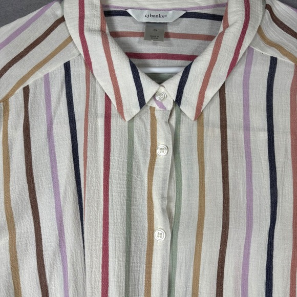 CJ Banks Button Down Striped Top Women 2X Plus Cotton Short Sleeve Coastal Boho - Picture 3 of 8